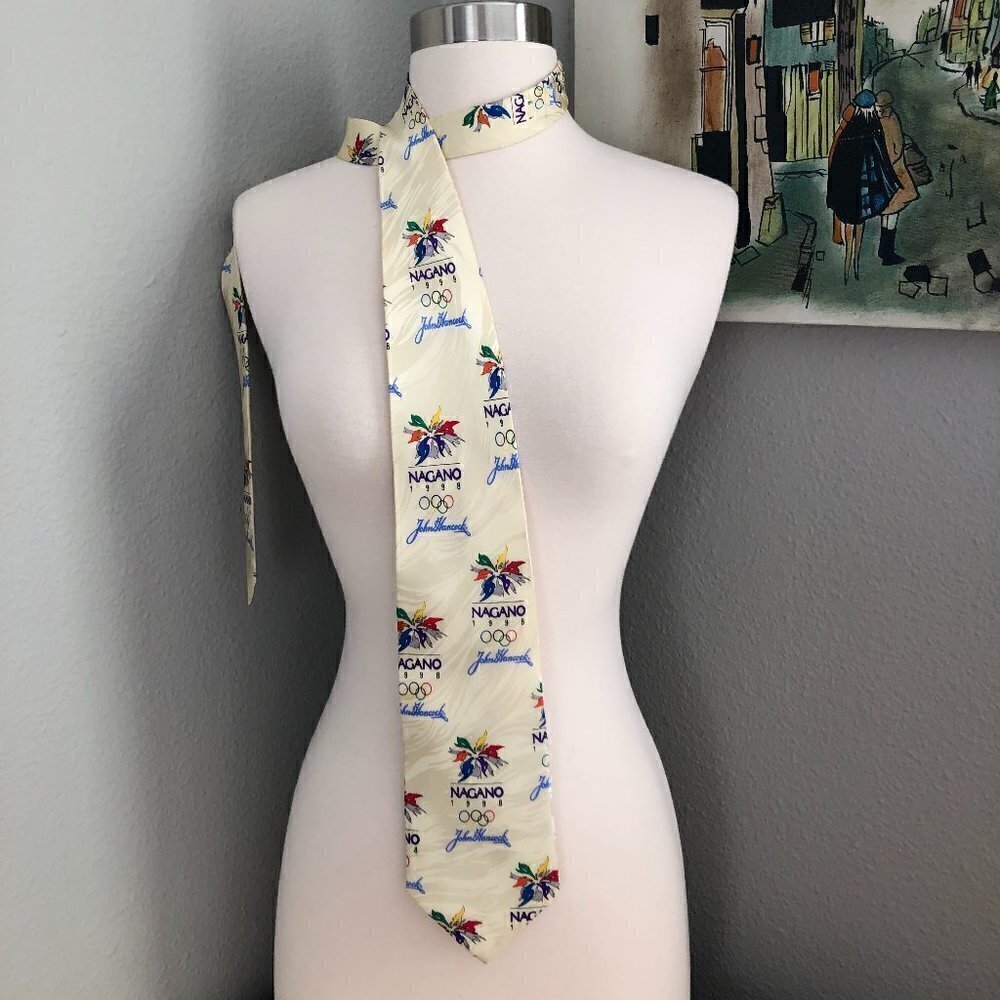 Vintage Nagano 1998 Olympics John Hancock Men's Silk Necktie Ivory Red Blue Tie